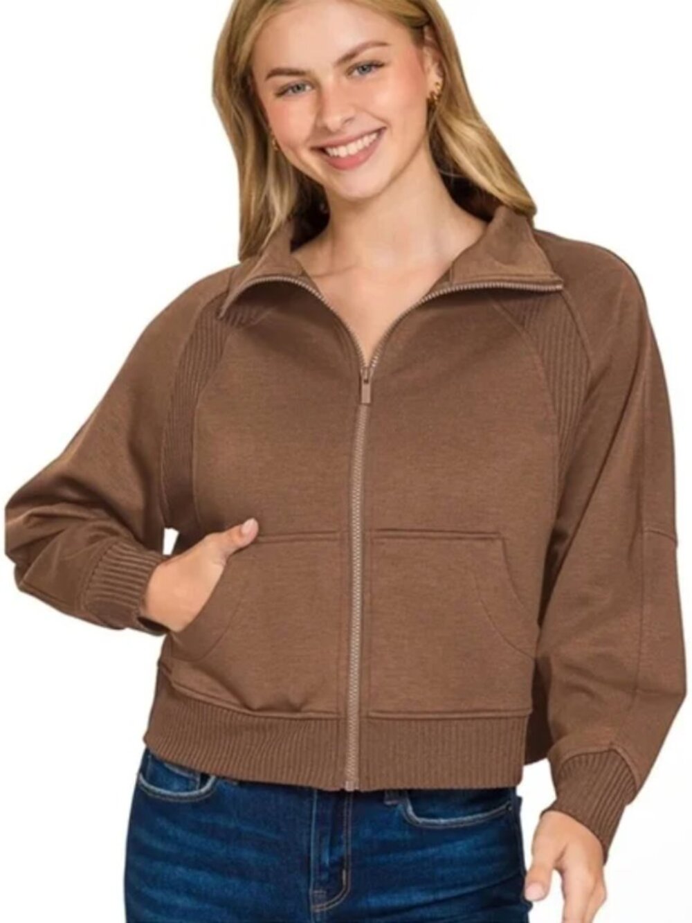 Zenana Soft Scuba Full Zip Jacket Brown Large Cropped Athleisure Size L